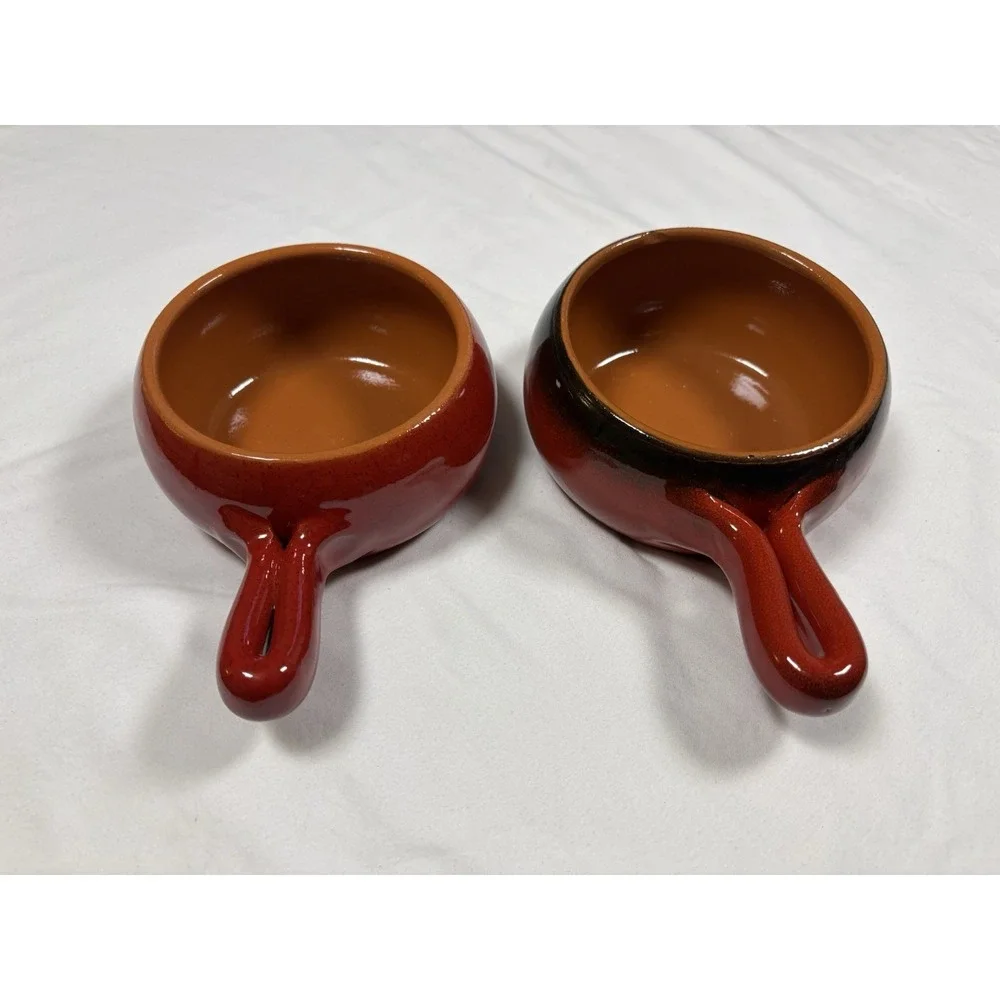 Vintage De Silva Italy Ceramic Soup Crocks Pair Red Terracotta Handled Bowls